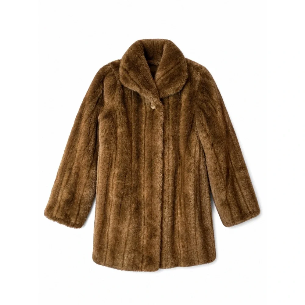 Alpine Studio Womens Faux Fur Coat Brown Mid Length Jacket Small Mob Wife Y2K